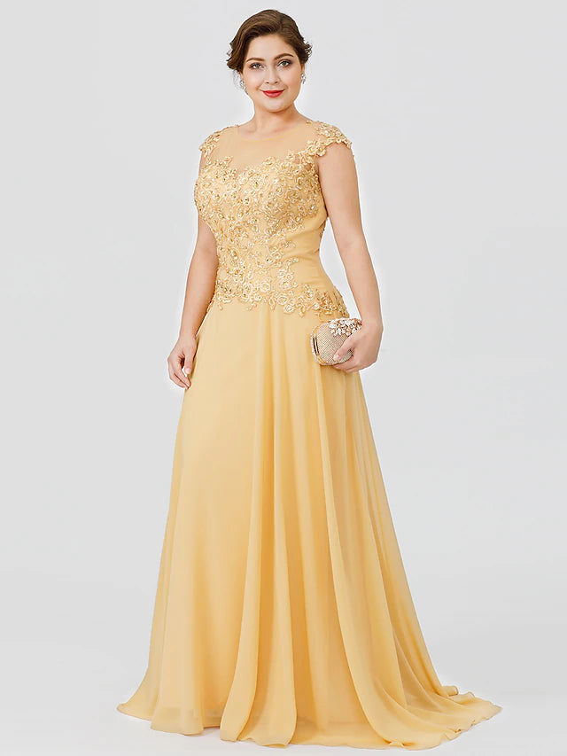 A-Linie Kleid für die Brautmutter, Übergröße, elegant, Illusionsausschnitt, Schleppe, Chiffon, Perlen, Spitze, kurze Ärmel, nein, mit Schleife(n), Falten